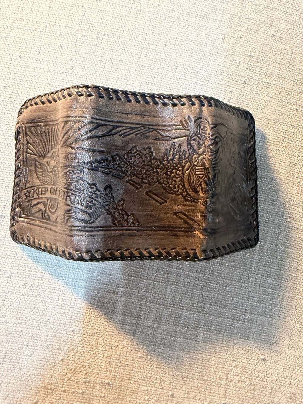 Vintage Hand Tooled Leather Trifold Wallet Motorcycle Scene Keep On Biking Whips